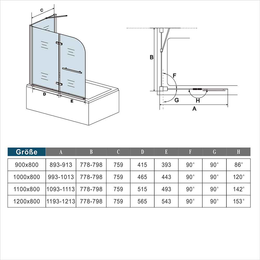 Badewannenfaltwand Badewannenaufsatz Duschwand für Badewanne mit Seitenteil/Seitenwand 100+80 x H.140 cm NANO Glas Dimensions