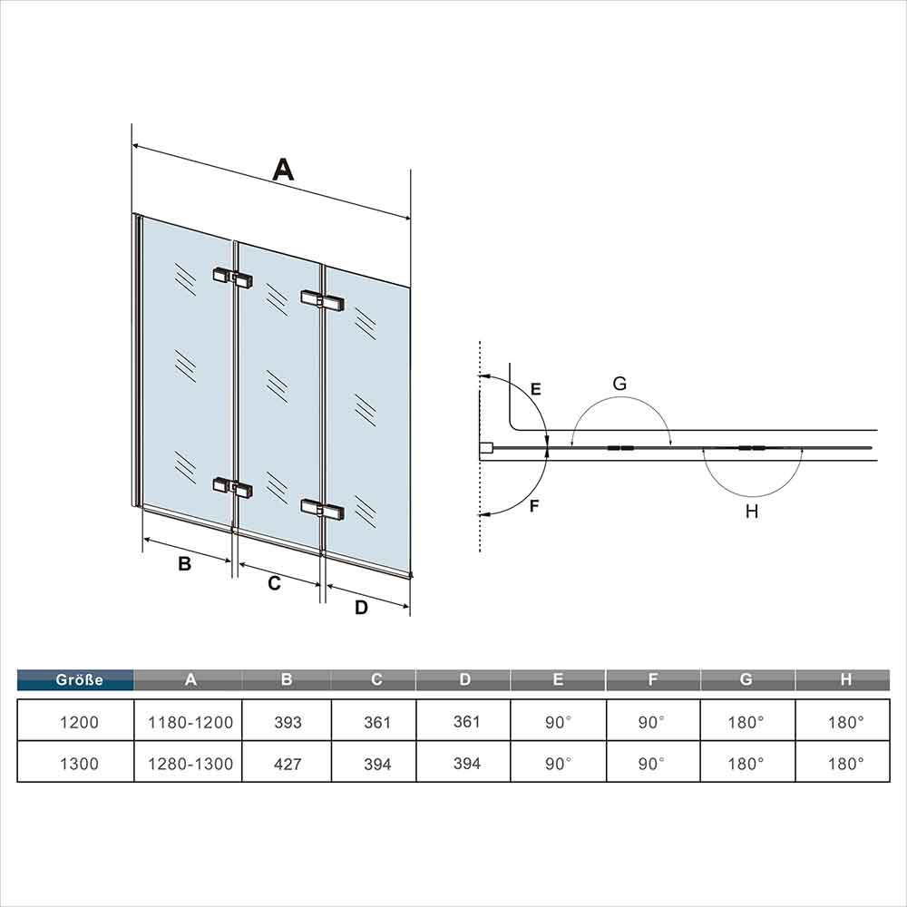 Duschabtrennung Badewannenaufsatz 130 x H.140 cm Duschwand NANO Sicherheitsglas 3 Teilige badewannenfaltwand Dimensions