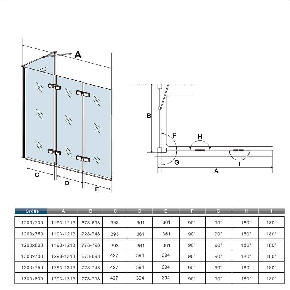 Badewannenfaltwand Badewannenaufsatz Duschwand für Badewanne mit Seitenteil/Seitenwand 130+80 x H.140 cm NANO Glas Dimensions