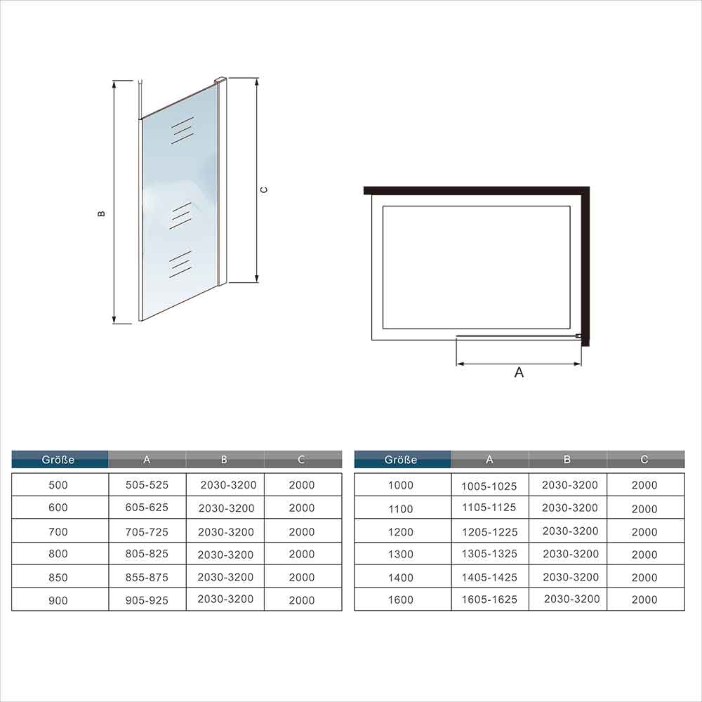 Walk In Duschwand 80 x H.200 cm Duschkabine Glasduschwand mit Splitterschutzfolie 8mm Glas barrierefreie Dimensions
