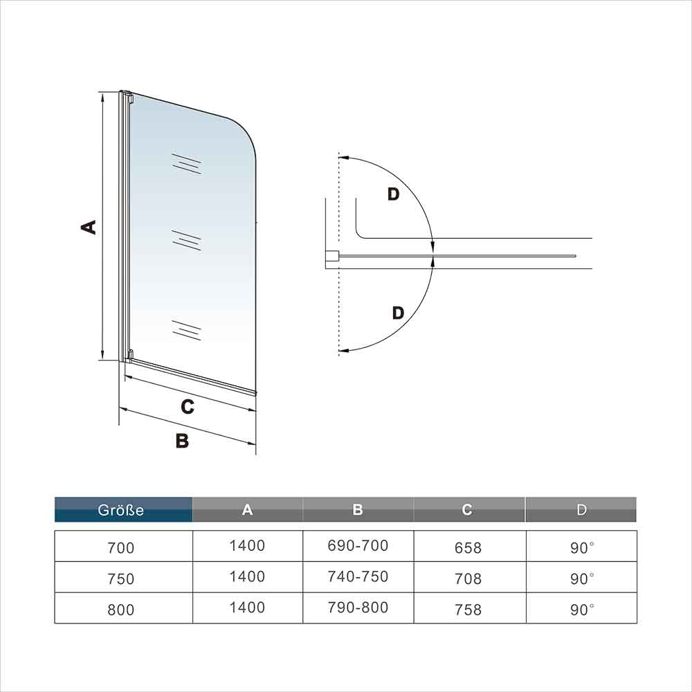 Badewannenaufsatz 80 x H.140 cm Duschwand Duschabtrennung für Badewanne Glasdusche ESG Sicherheitsglas Dimensions