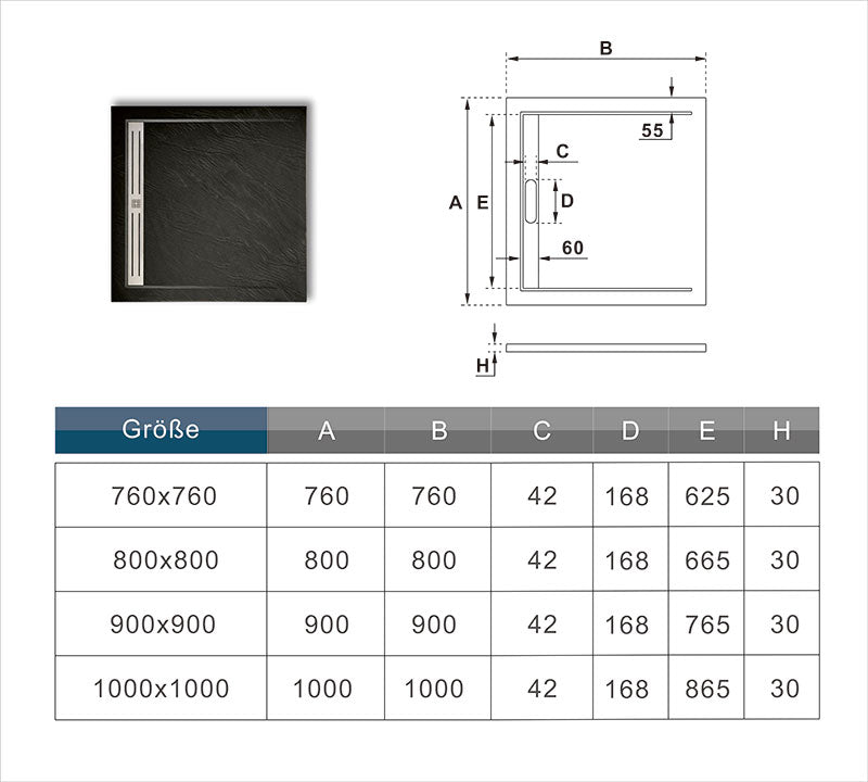 flache Duschwanne / Duschtasse Für Duschkabine 80x80 x H.3 cm Schwarz Dimensions