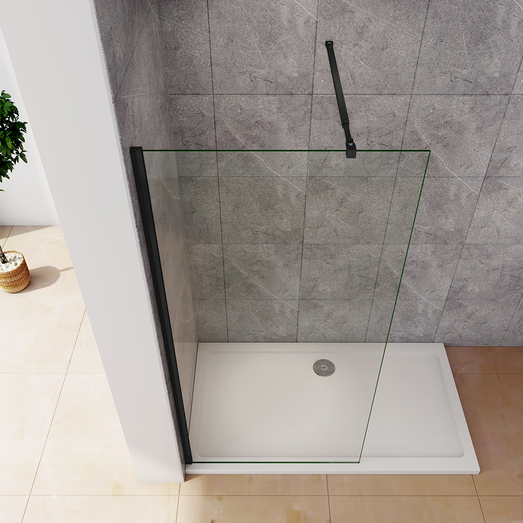 Duschabtrennung Walk In Duschwand 140 x H.200 cm Duschkabine Glasduschwand Schwarz 10mm NANO Glas