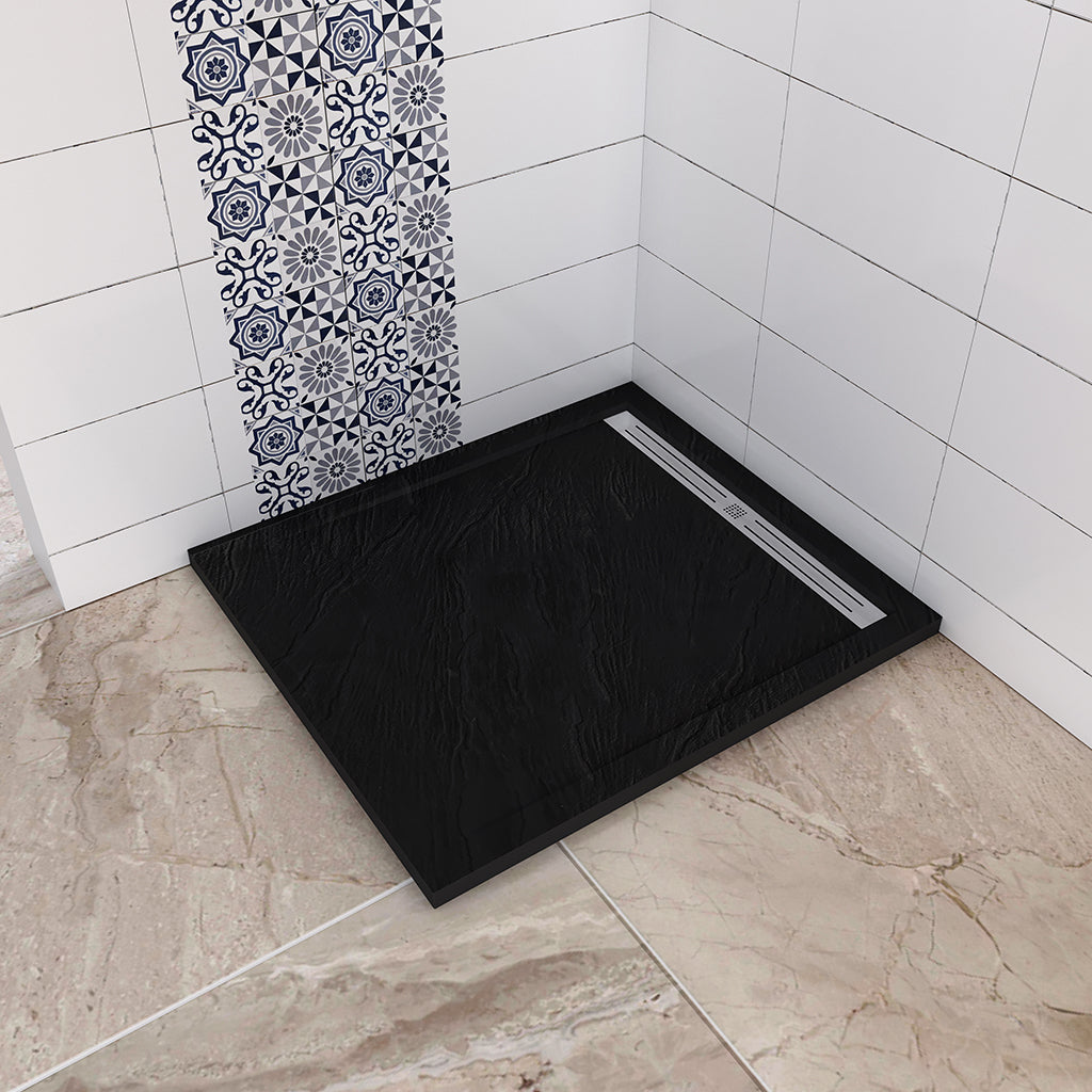 ECOLAM® Duschwanne Quadrat 100x100 Cm Flach 1,5 Cm Tiefe – Schwarzer Steineffekt Mit Alcaplast-Siphon