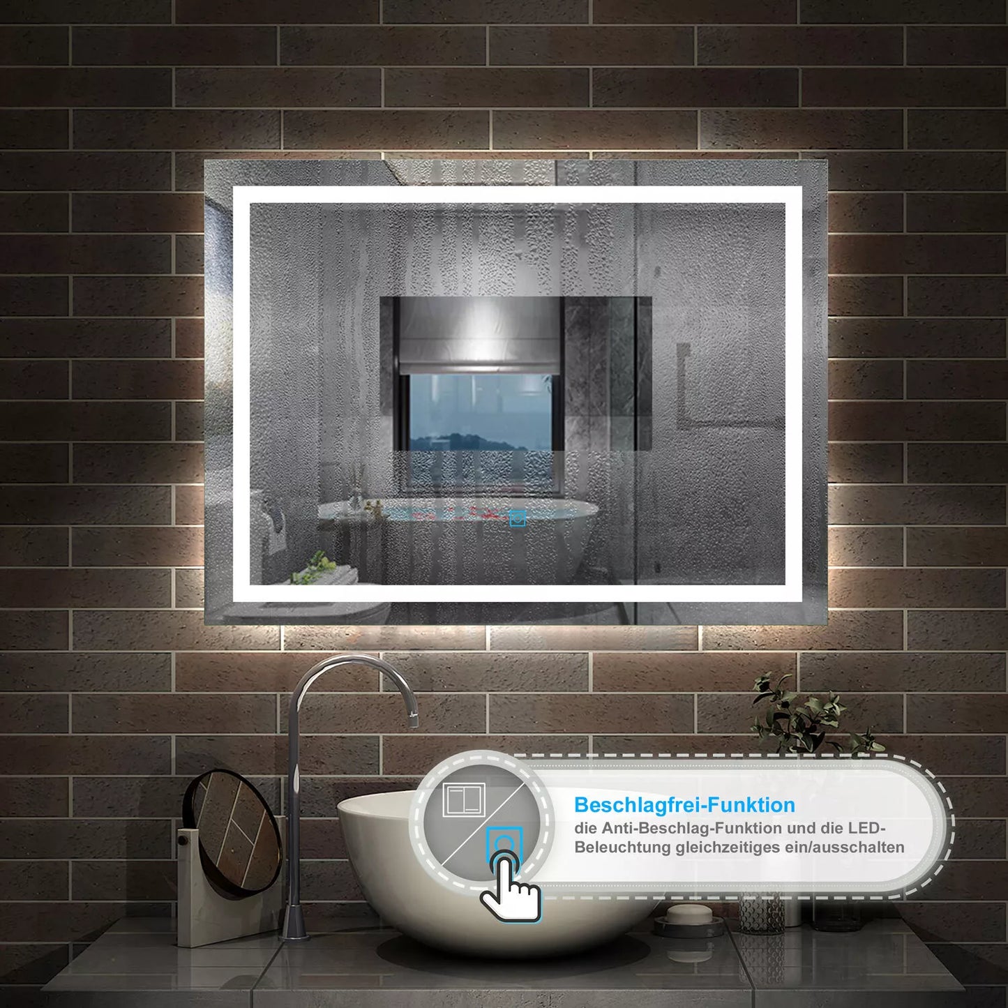 Badspiegel mit Beleuchtung,80x60cm LED Wandspiegel mit Wandschalter/Wandschalter/Touch-Schalter,Beschlagfrei,Badezimmerspiegel mit 3 Lichtfarbe 2700-6500K Dimmbar,IP44