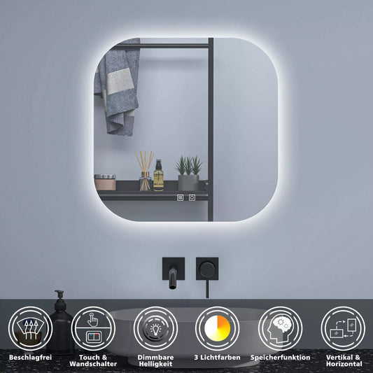 Badspiegel Quadrat mit Beleuchtung 70 cm Kalt/Neutral/Warmweiß Beschlagfrei dimmbar Memory eine Stunde automatische Abschaltung Touch/Wandschalter Spiegel mit Beleuchtung Badezimmerspiegel IP44