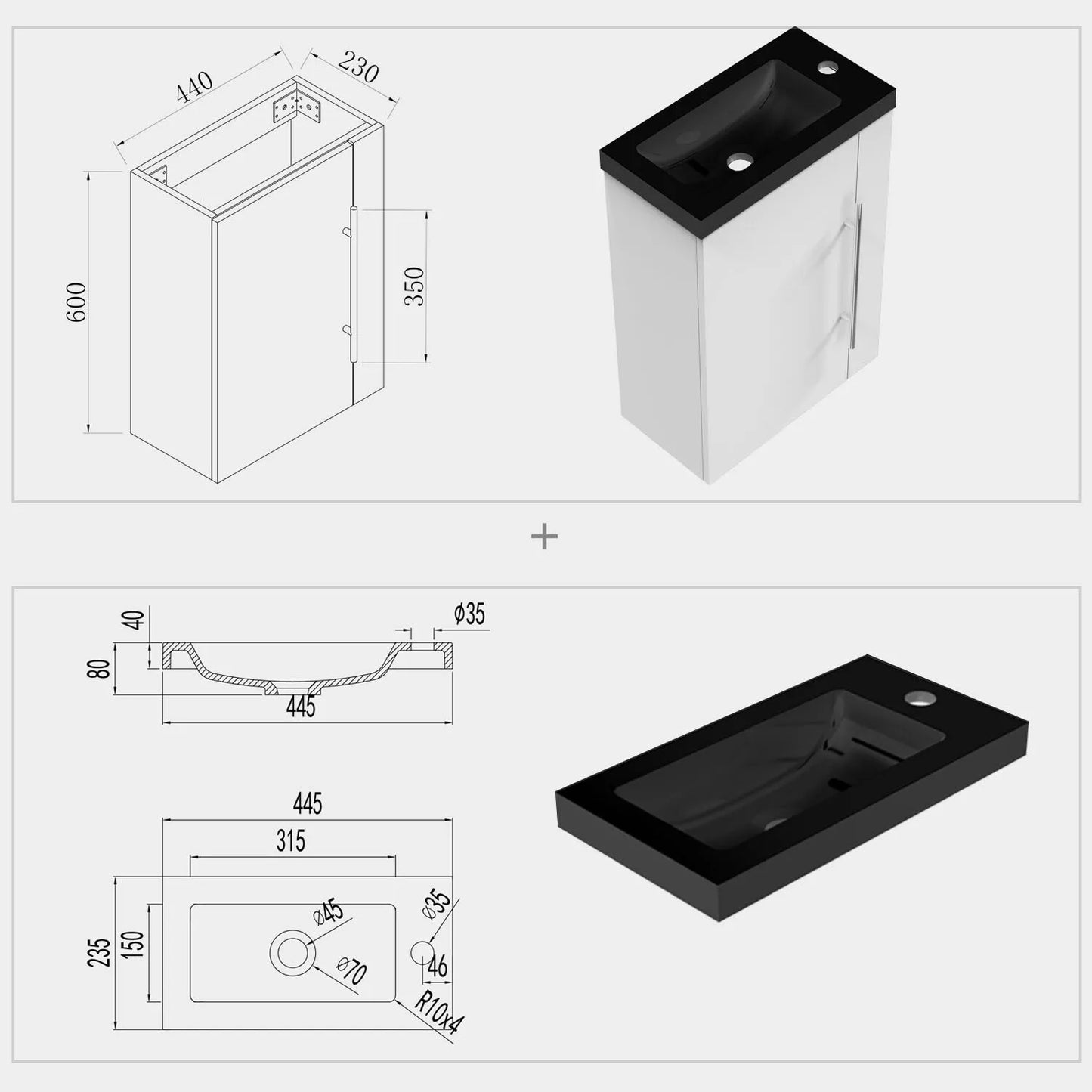 Badezimmermöbel Set 44.5 cm Waschbecken mit Unterschrank