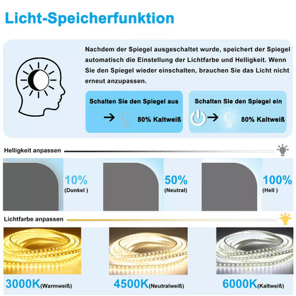 Badspiegel Quadrat mit Beleuchtung 70 cm Kalt/Neutral/Warmweiß Beschlagfrei dimmbar Memory eine Stunde automatische Abschaltung Touch/Wandschalter Spiegel mit Beleuchtung Badezimmerspiegel IP44