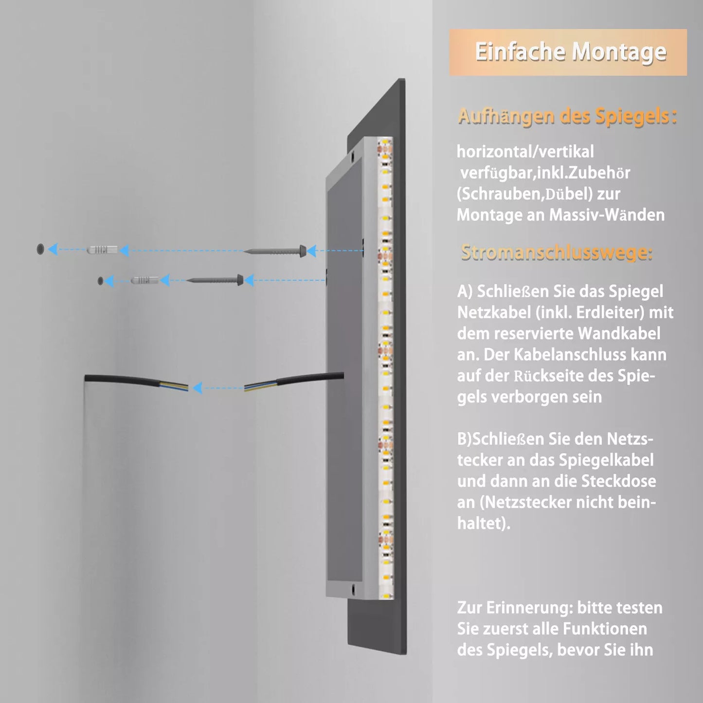 Badspiegel mit Beleuchtung,80x60cm LED Wandspiegel mit Wandschalter/Wandschalter/Touch-Schalter,Beschlagfrei,Badezimmerspiegel mit 3 Lichtfarbe 2700-6500K Dimmbar,IP44