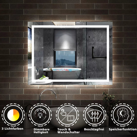 Badspiegel mit Beleuchtung,80x60cm LED Wandspiegel mit Wandschalter/Wandschalter/Touch-Schalter,Beschlagfrei,Badezimmerspiegel mit 3 Lichtfarbe 2700-6500K Dimmbar,IP44