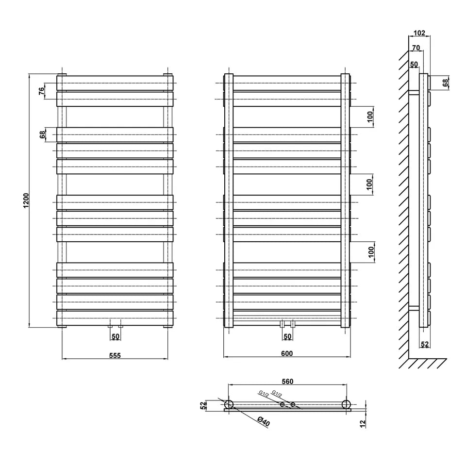 1200x600mm Heizkörper Vertikal Einlagig Handtuchwärmer Handtuchtrockner Seitenanschluss und Mittelanschluss 796W