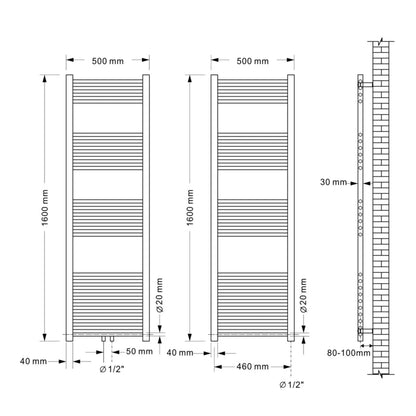 1600x500mm BadHeizkörper Handtuchhalter Handtuchtrockner Gerade Weiß Seitenanschluss 816W