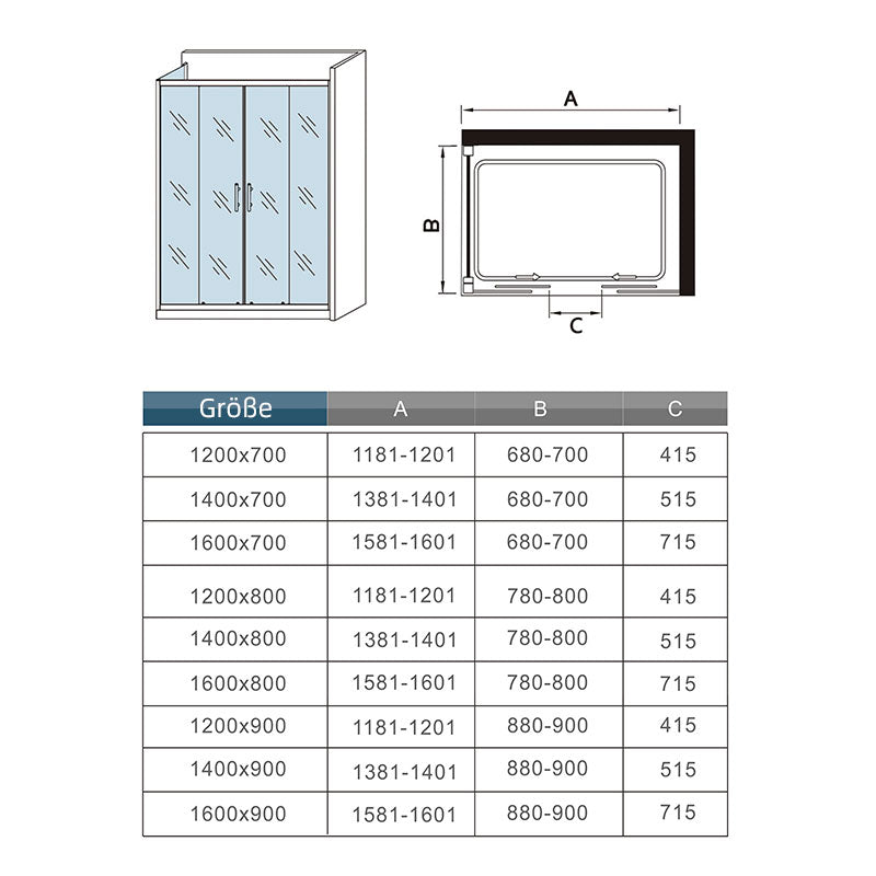 Duschkabine 120x70 x H. 190 cm Schiebetür mit Seitenwand + Duschwanne Duschabtrennung Glasdusche Duschtrennwand Dimensions