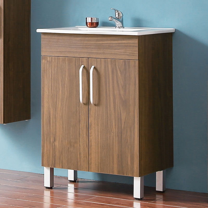 Badezimmer Möbel Set 60 cm Waschtisch mit Unterschrank Keramikbecken Badmöbel Set Walnuss Standschrank - zum Schließen ins Bild klicken