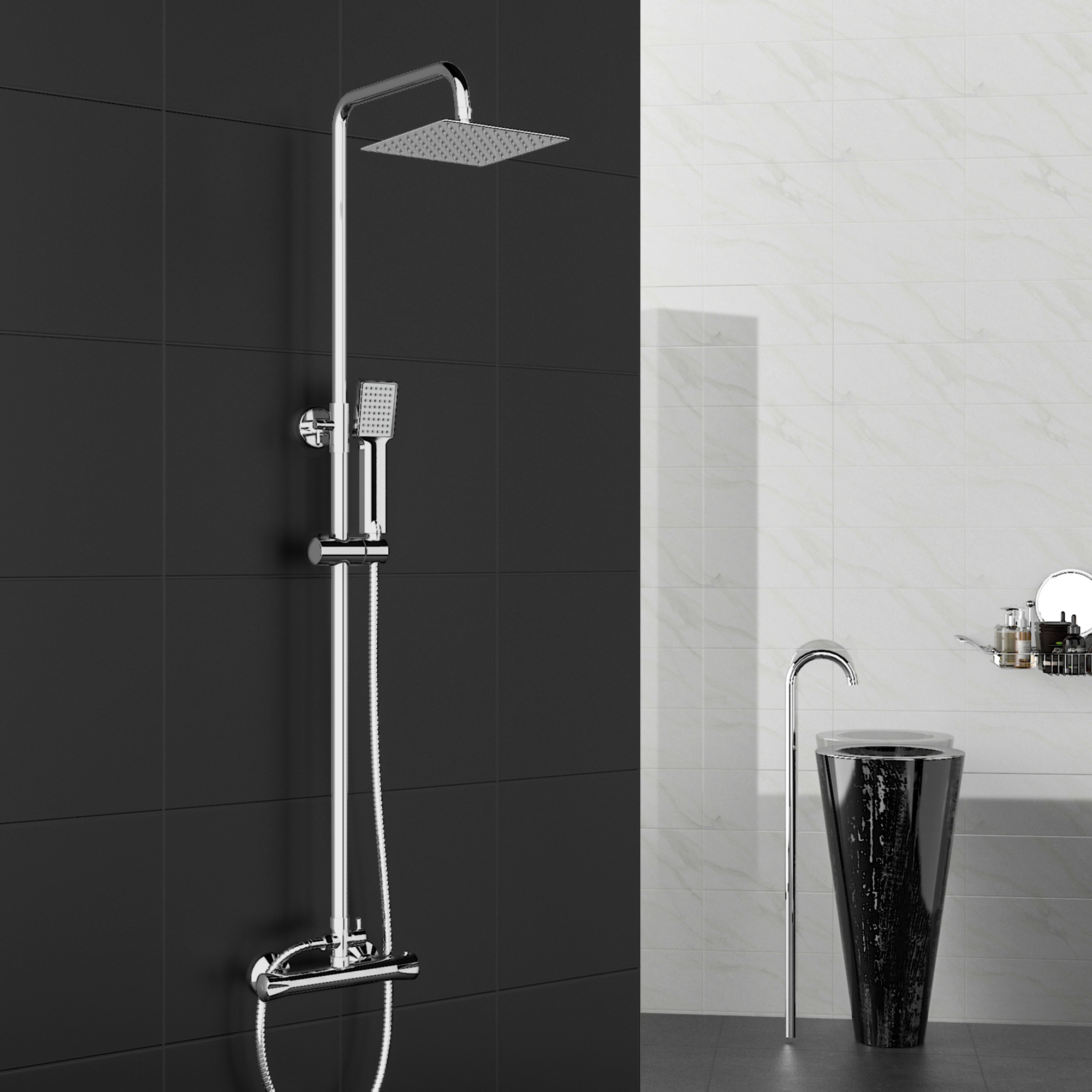 Quadrat Thermostat Duschsystem Duschset, 20cm Kopfbrause und Edelstahl Duschstange, mit Umsteller - zum Schließen ins Bild klicken