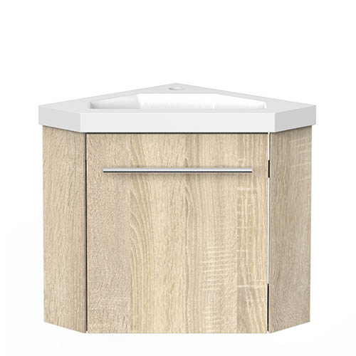 Eck-Badmöbel Set Eiche Natur Waschbecken mit Unterschrank inkl. 1-Tür Soft-Close Funktion - zum Schließen ins Bild klicken