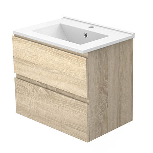 Badmöbel Set 60 cm Vormontiert Eiche Natur Waschbecken mit Unterschrank inkl. 2-Schubladen Soft-Close Funktion